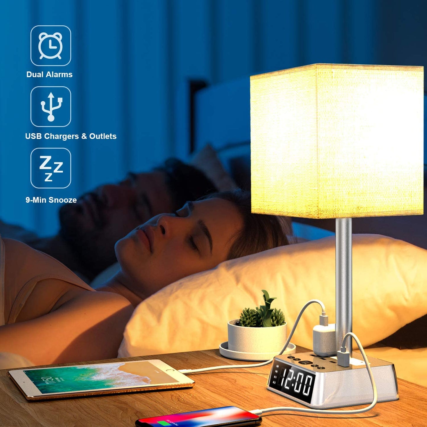 Soft bedside lamp lighting a cozy bedroom at night while charging devices, ideal for reading and nighttime use.