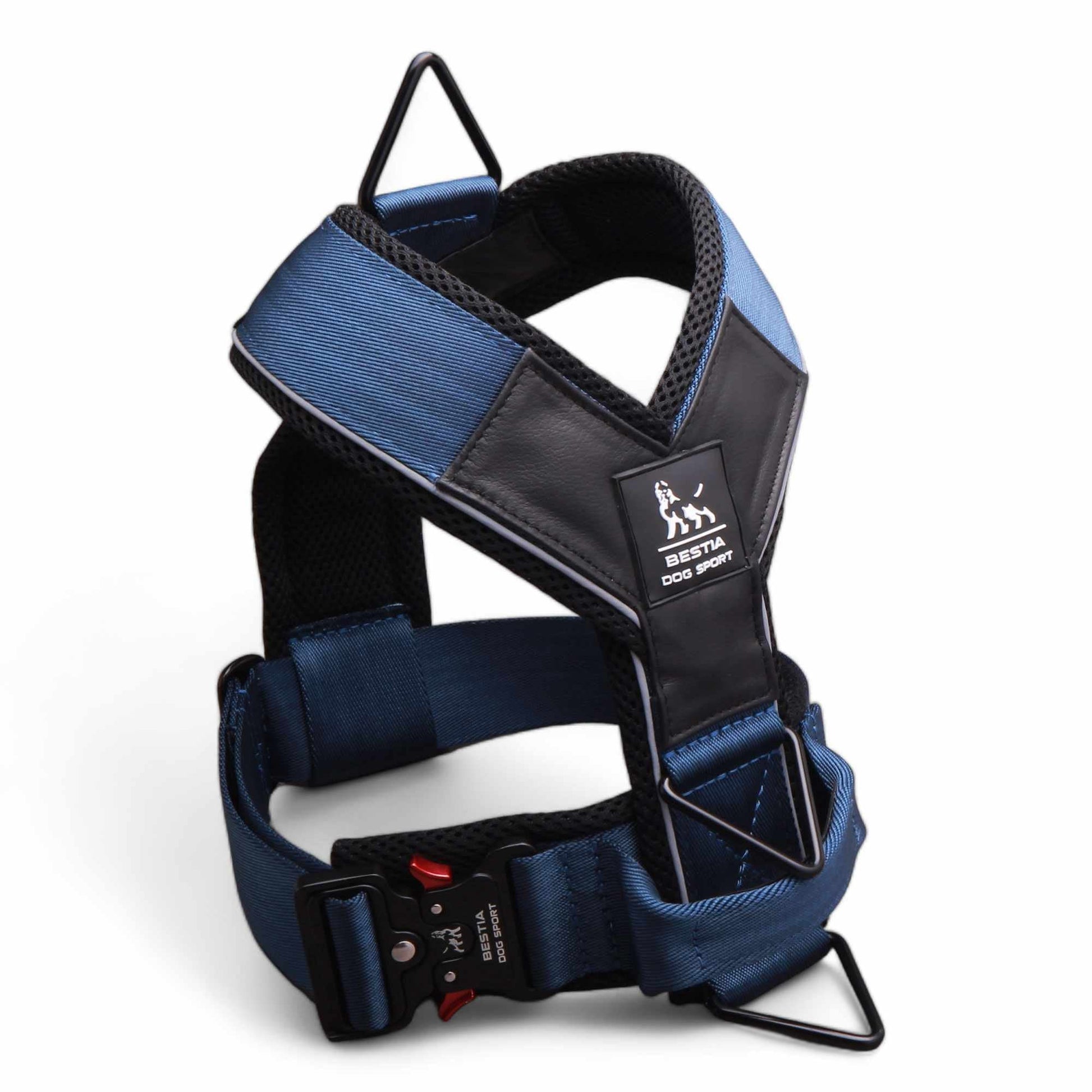 Bestia GripPro Sport Harness in blue, featuring reinforced straps, breathable mesh lining, and heavy-duty buckles.
