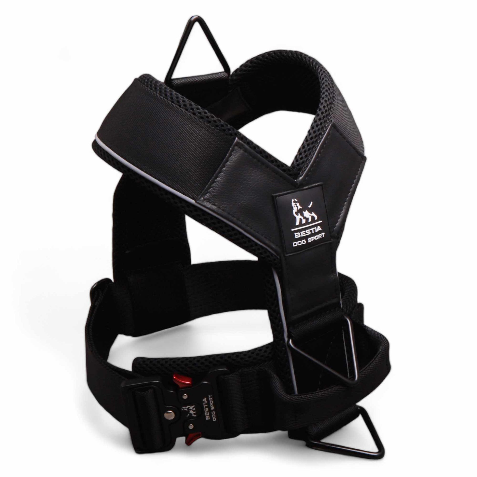 Black Bestia GripPro Sport Harness showing streamlined construction and reinforced load-bearing points.