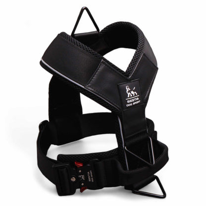Black Bestia GripPro Sport Harness showing streamlined construction and reinforced load-bearing points.