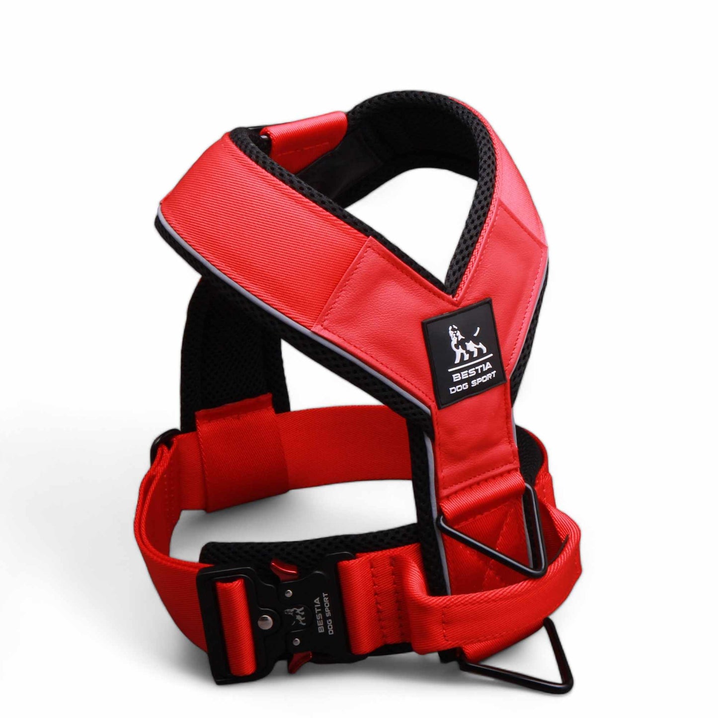 Red Bestia GripPro Sport Harness with tactical handle and adjustable fit for medium to large working dogs.
