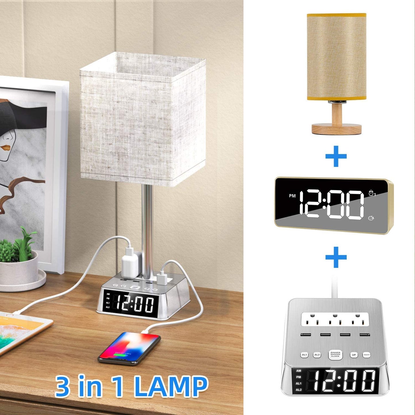 Warm eye-caring LED bedside lamp at night with dual alarms and USB charging ports powering phone and tablet.
