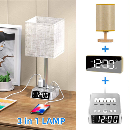 Warm eye-caring LED bedside lamp at night with dual alarms and USB charging ports powering phone and tablet.