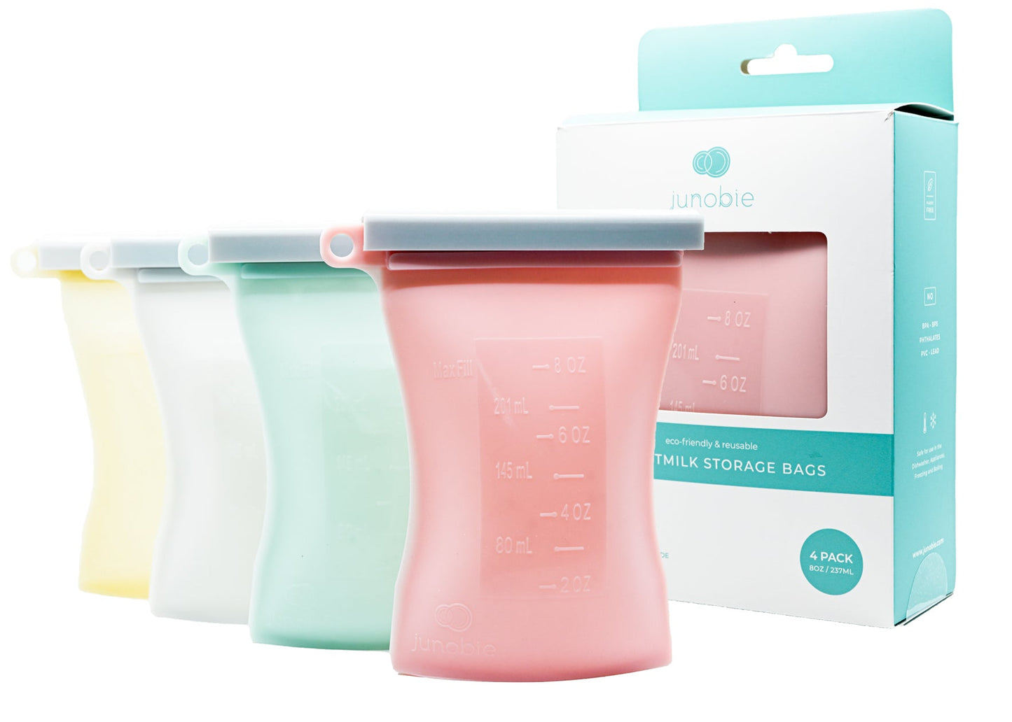 Silicone milk storage bags in various colors with a packaging box on a white background