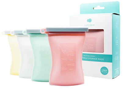 Silicone milk storage bags in various colors with a packaging box on a white background