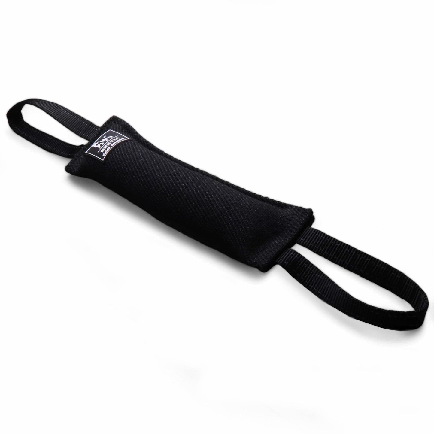 A black Bestia Dog Sport Bite Tug made of heavy-duty fabric, featuring two nylon loop handles for a secure grip during professional K9 protection or agility training.