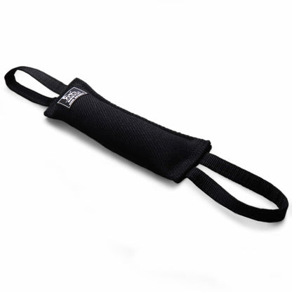 A black Bestia Dog Sport Bite Tug made of heavy-duty fabric, featuring two nylon loop handles for a secure grip during professional K9 protection or agility training.