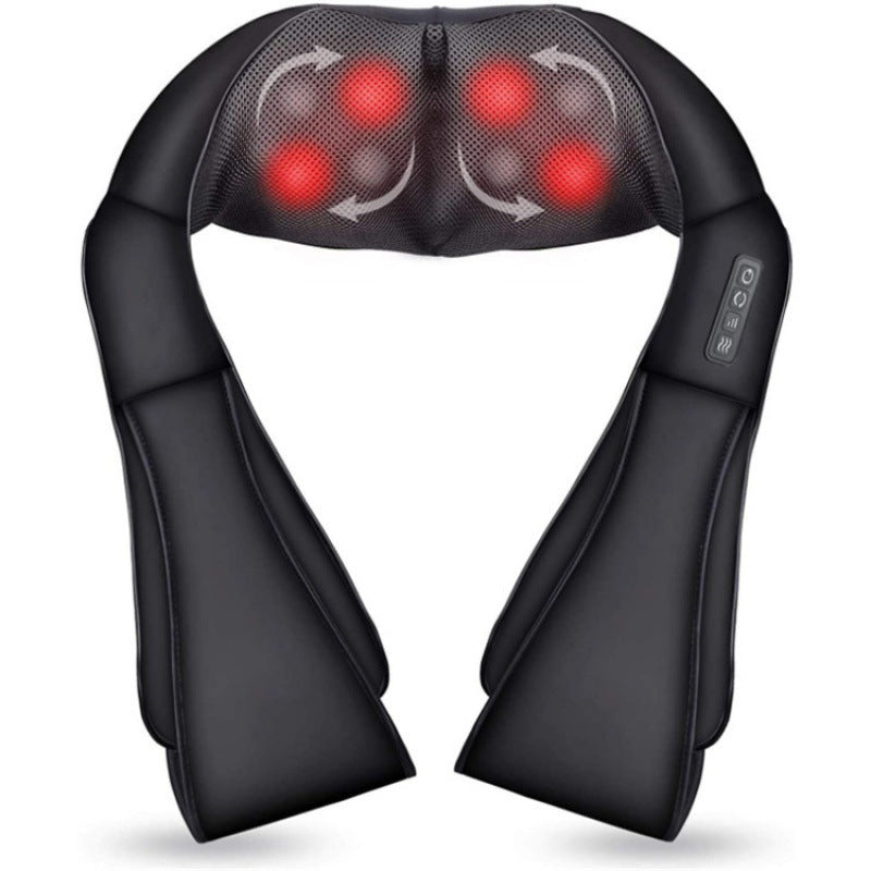 Black neck and shoulder massager with red lights on a white background