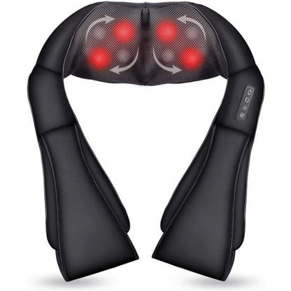 Black neck and shoulder massager with red lights on a white background