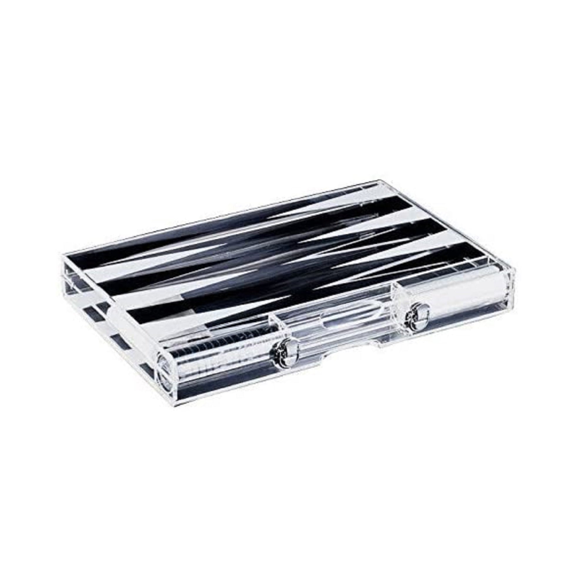 Closed transparent lucite backgammon case with metal clasps, compact and portable design for storage and travel