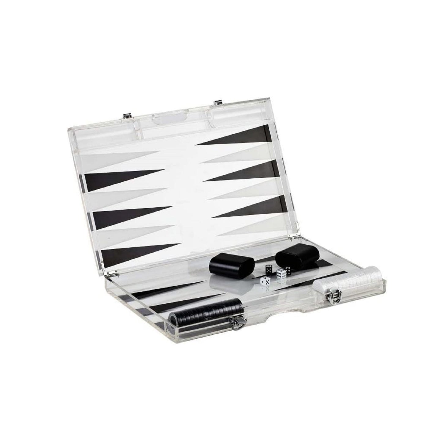 Premium lucite backgammon set in black and white acrylic, open board with monochrome pieces and dice on a white studio background