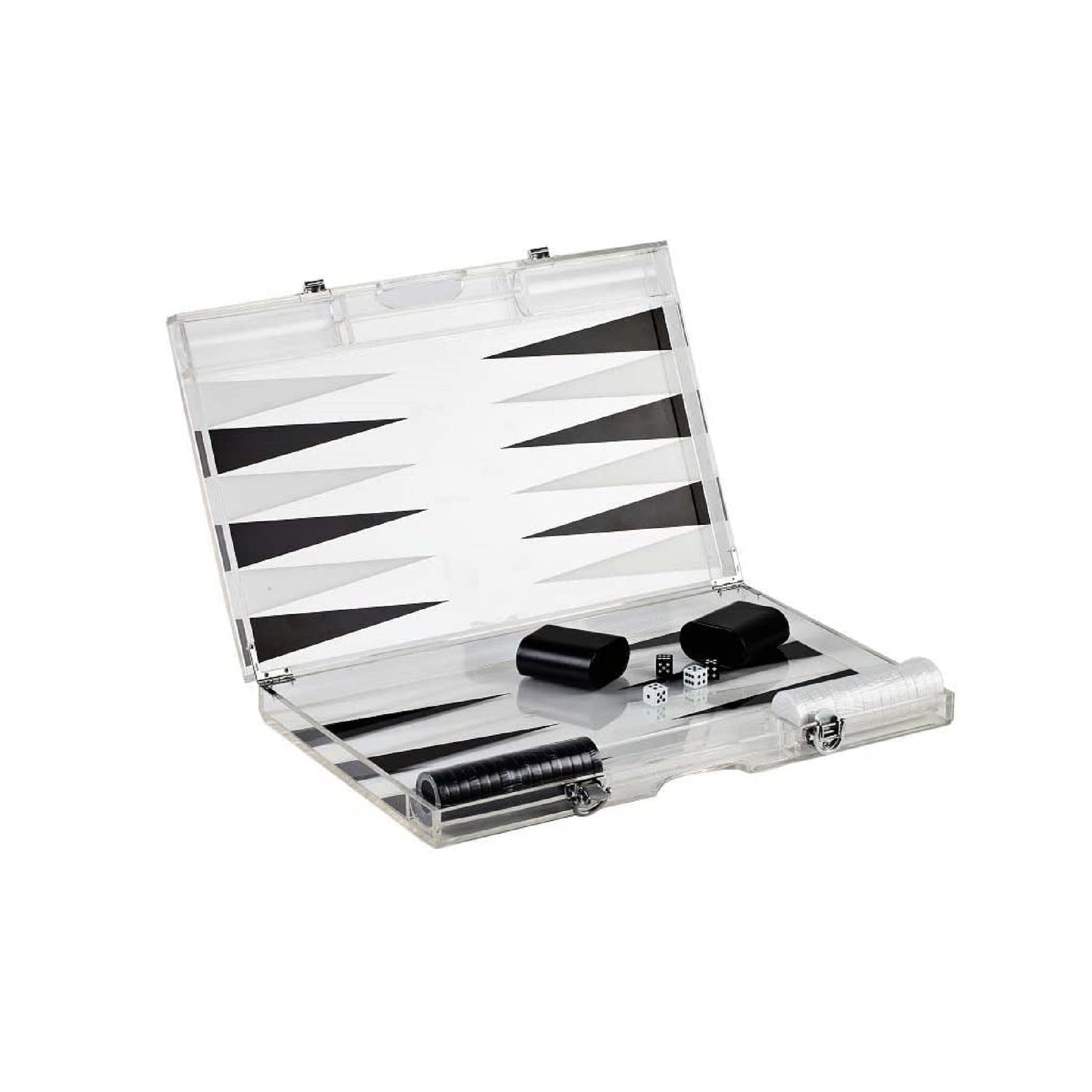 Premium lucite backgammon set in black and white acrylic, open board with monochrome pieces and dice on a white studio background
