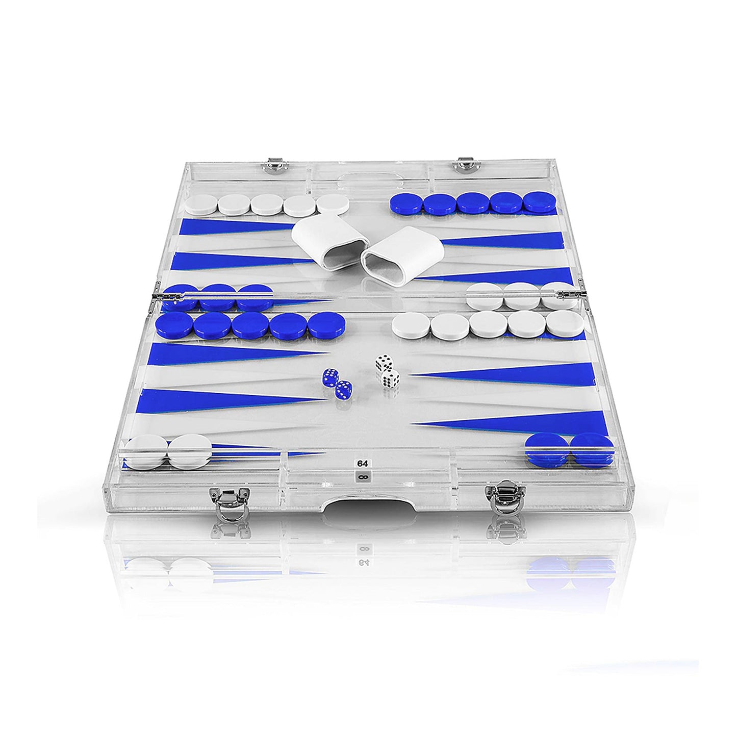 Close-up of the acrylic lucite backgammon board with blue and white pieces and dice, highlighting the glossy premium finish and craftsmanship