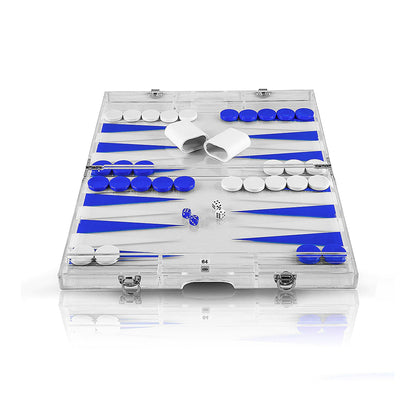 Close-up of the acrylic lucite backgammon board with blue and white pieces and dice, highlighting the glossy premium finish and craftsmanship