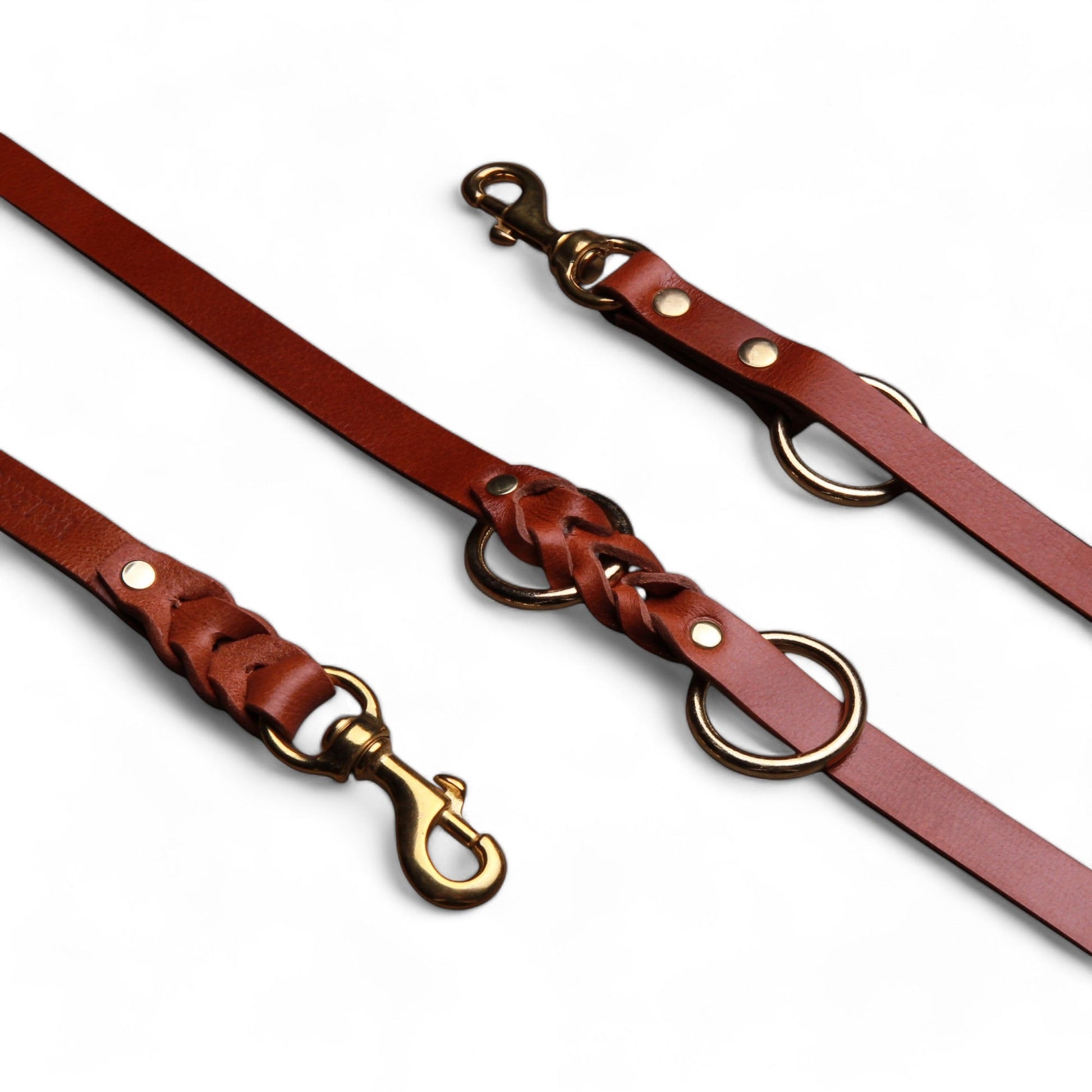 Multi-functional buffalo leather dog leash available in multiple colors, handcrafted with durable leather and brass hardware.