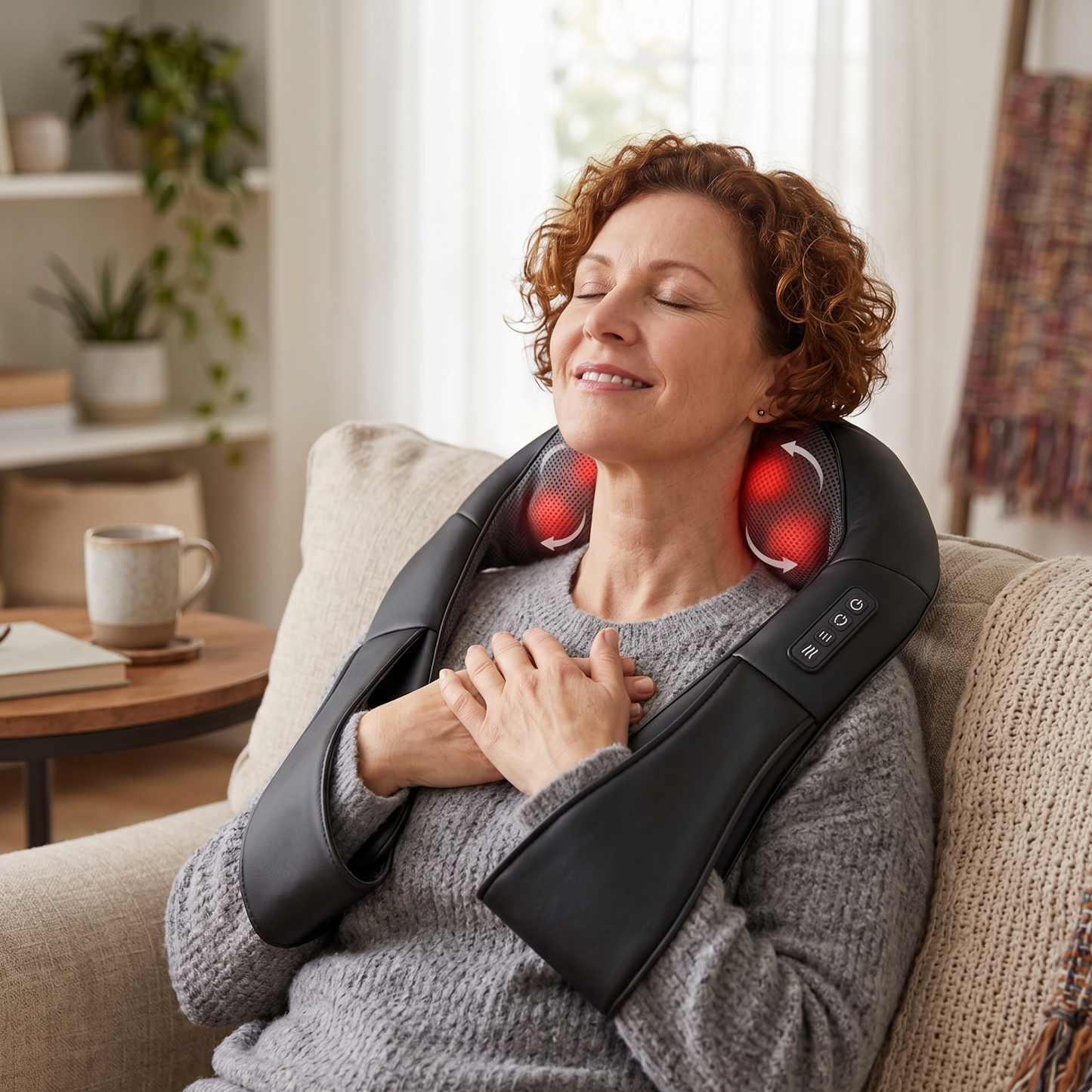 Woman using a neck and shoulder massager in a cozy living room.