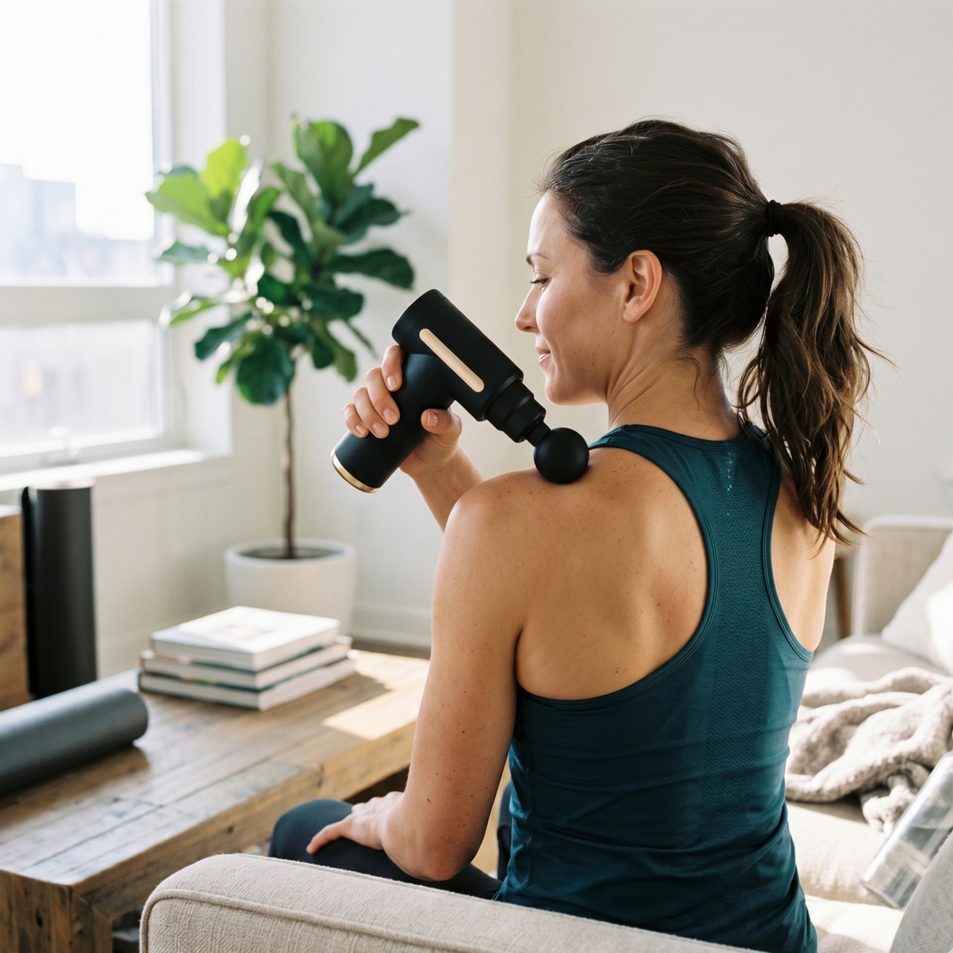 Woman using a massage gun in a living room setting