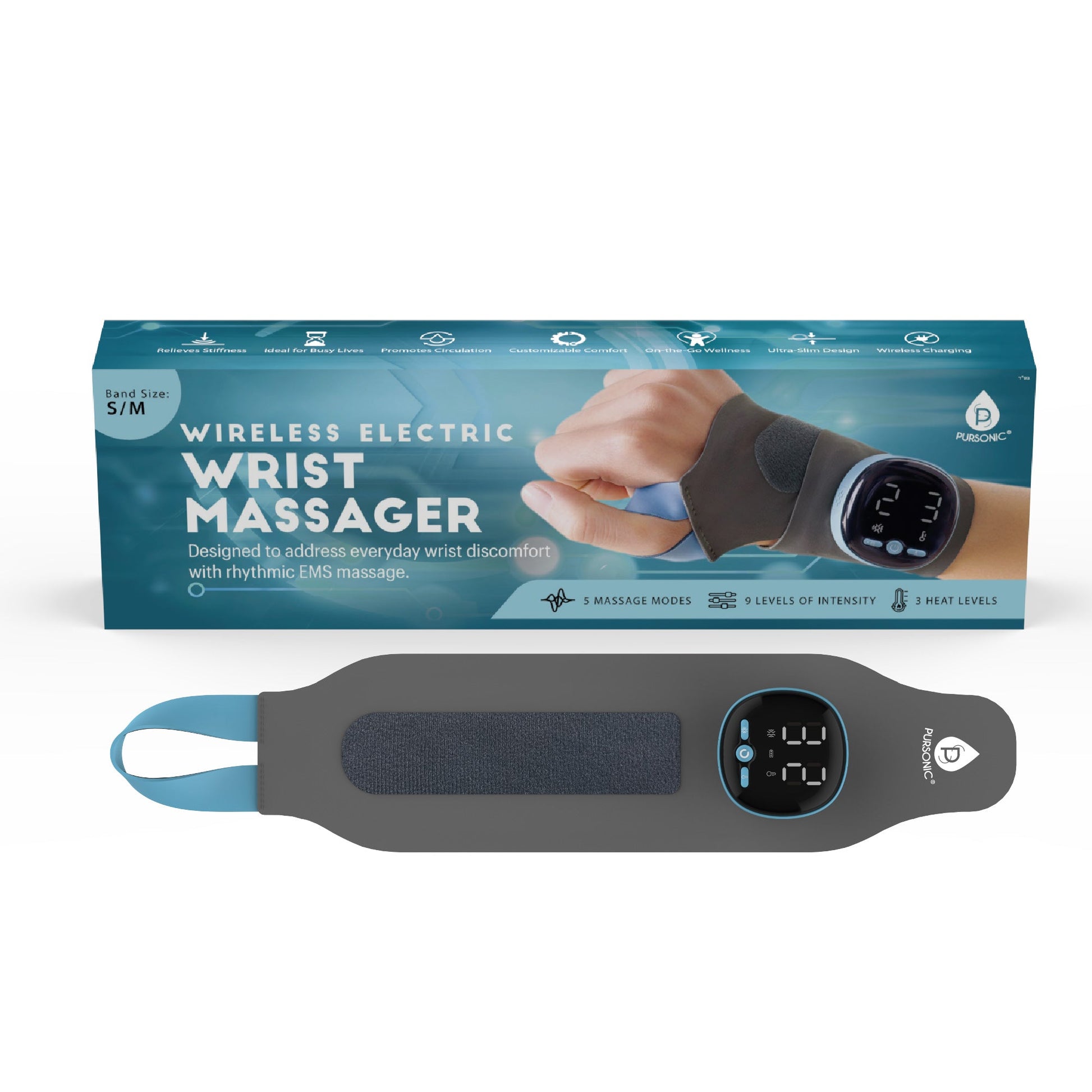 Pursonic wireless electric EMS wrist massager in size S/M with adjustable strap and digital display, shown with retail box on white background.