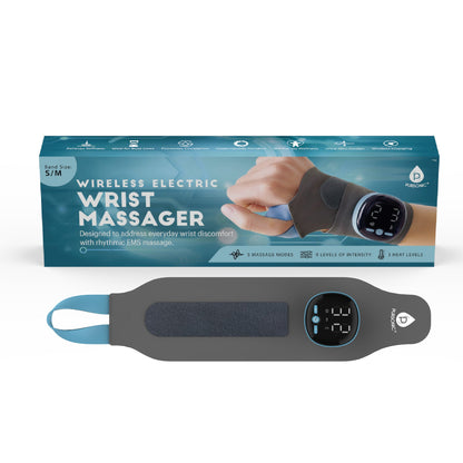 Pursonic wireless electric EMS wrist massager in size S/M with adjustable strap and digital display, shown with retail box on white background.