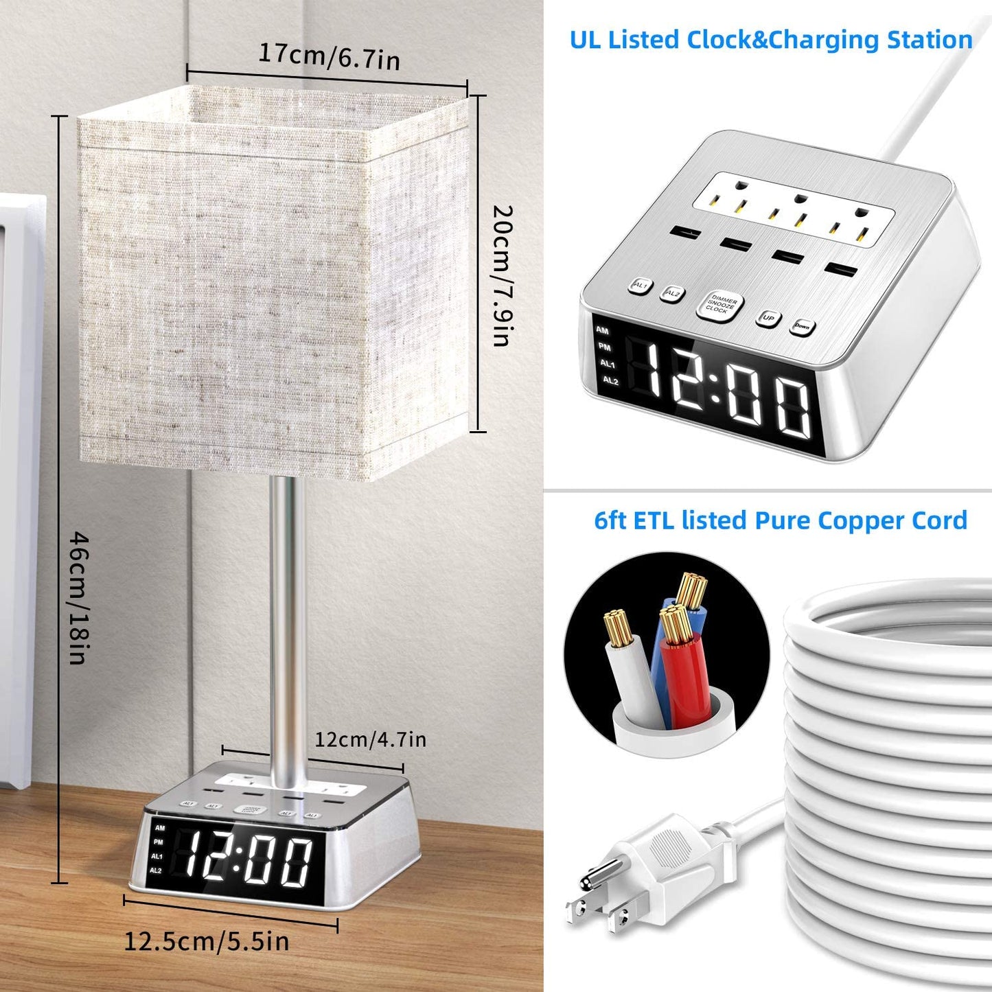 Compact bedside lamp with size measurements, linen lampshade, alarm clock base, and built-in charging station.