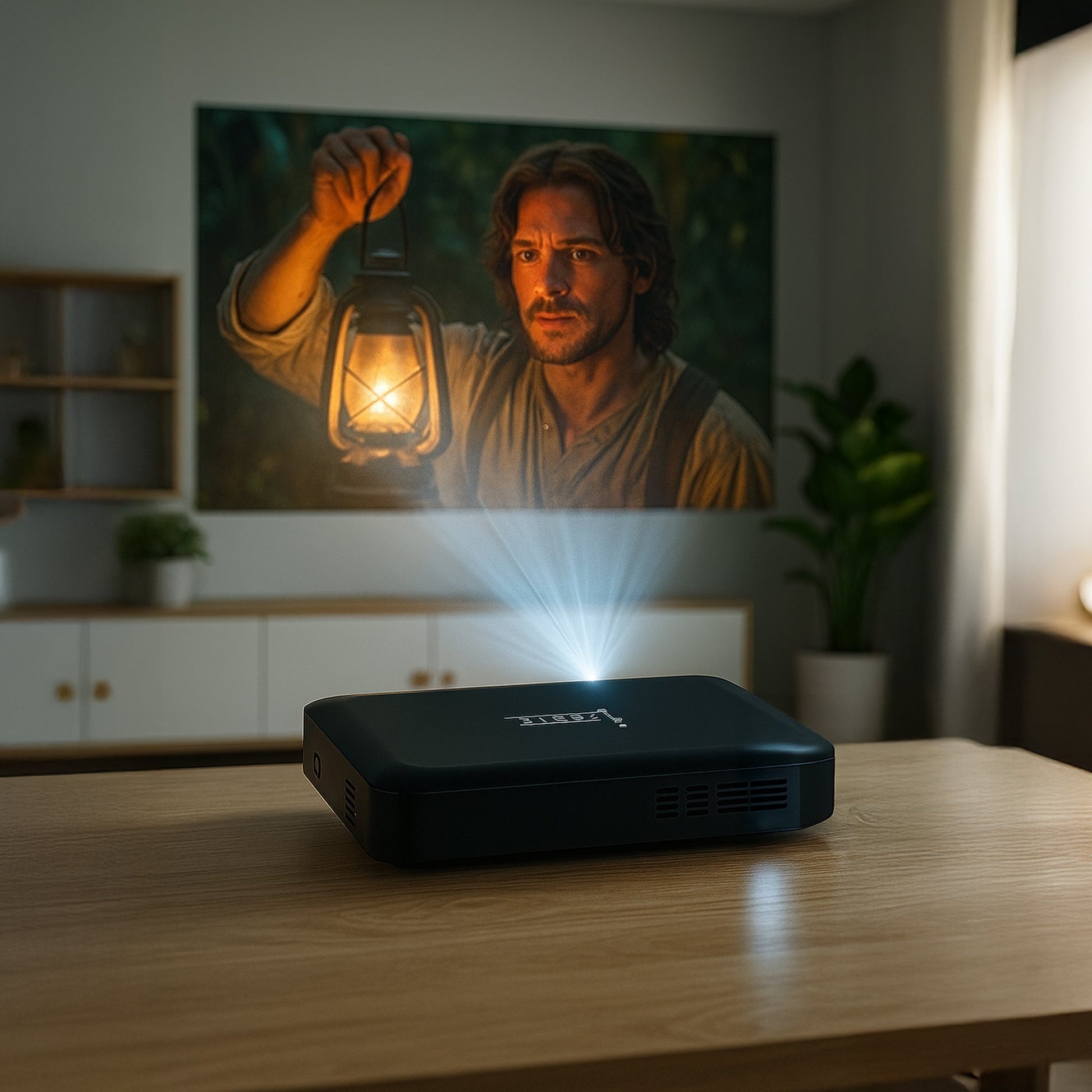 Portable black smart projector on a wooden table projecting a vivid movie scene of a man with a lantern onto a large wall in a modern living room setting.