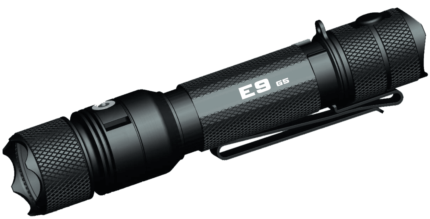 Side profile of Powertac E9 GEN5 flashlight showing aircraft-grade aluminum body and textured anti-slip grip