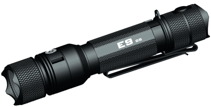 Side profile of Powertac E9 GEN5 flashlight showing aircraft-grade aluminum body and textured anti-slip grip
