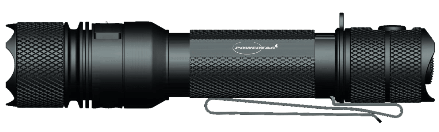 Side profile of the Powertac E9 G5 tactical flashlight, featuring the official Powertac logo, rugged knurled grip, and deep-carry pocket clip.