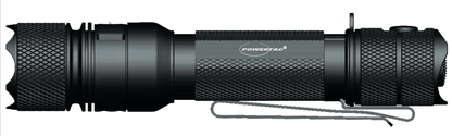 Side profile of the Powertac E9 G5 tactical flashlight, featuring the official Powertac logo, rugged knurled grip, and deep-carry pocket clip.
