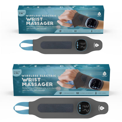 Pursonic wireless EMS wrist massager with retail packaging, shown flat on white background in adjustable gray wrist wrap design.