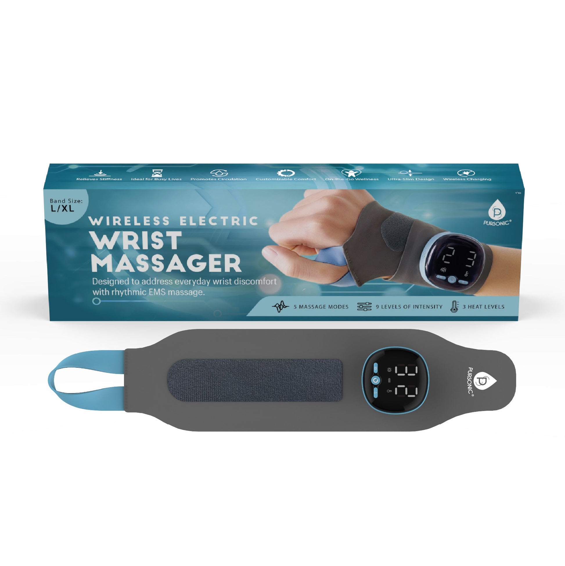 Pursonic wireless electric EMS wrist massager in size L/XL with adjustable gray wrap and digital control display on white background.