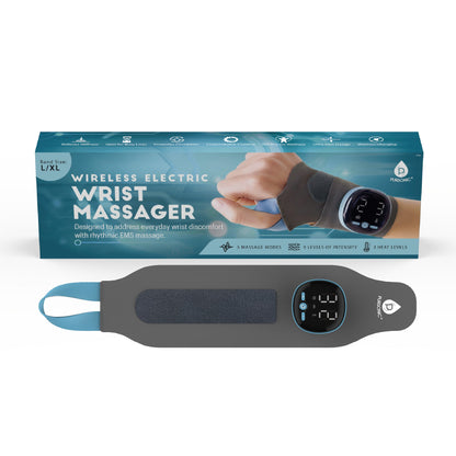 Pursonic wireless electric EMS wrist massager in size L/XL with adjustable gray wrap and digital control display on white background.