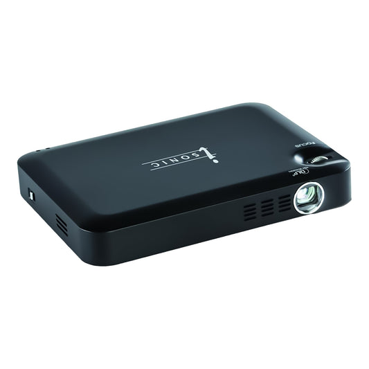 Compact HD mini projector in black, portable home theater device with HDMI and USB ports