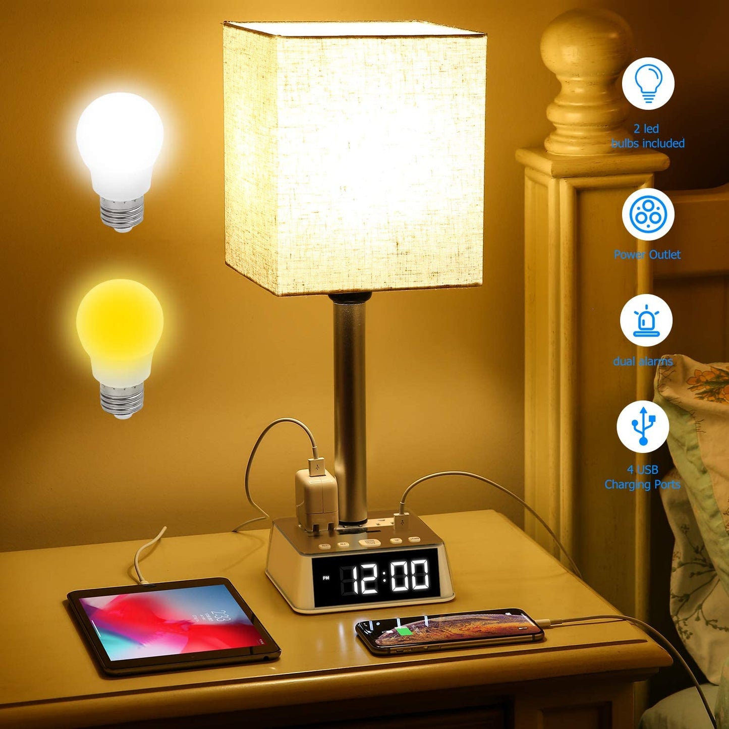 Bedside lamp showing soft warm and bright white LED lighting options for comfortable eye-friendly illumination.