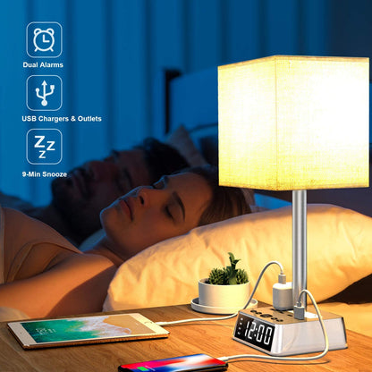 Soft bedside lamp lighting a cozy bedroom at night while charging devices, ideal for reading and nighttime use.