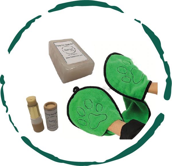 BeNat natural dog grooming bundle with shampoo bar, paw balm, and microfiber towel arranged together