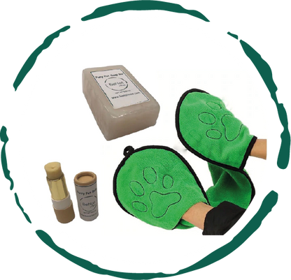 BeNat natural dog grooming bundle with shampoo bar, paw balm, and microfiber towel arranged together