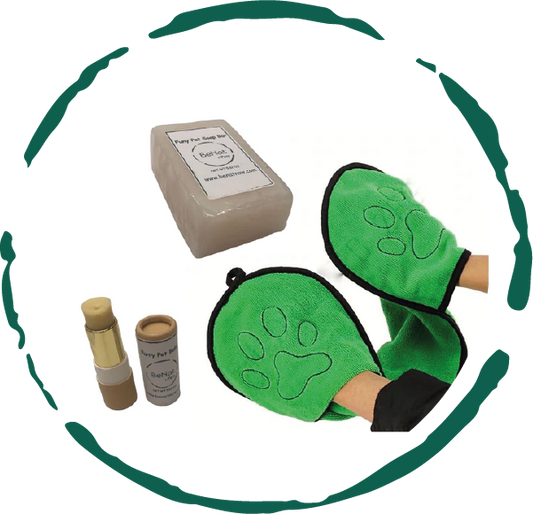 BeNat natural dog grooming bundle with shampoo bar, paw balm, and microfiber towel arranged together