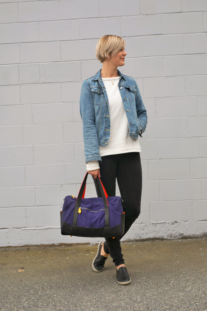 Navy eco-friendly gym duffle bag with handles and detachable shoulder strap 