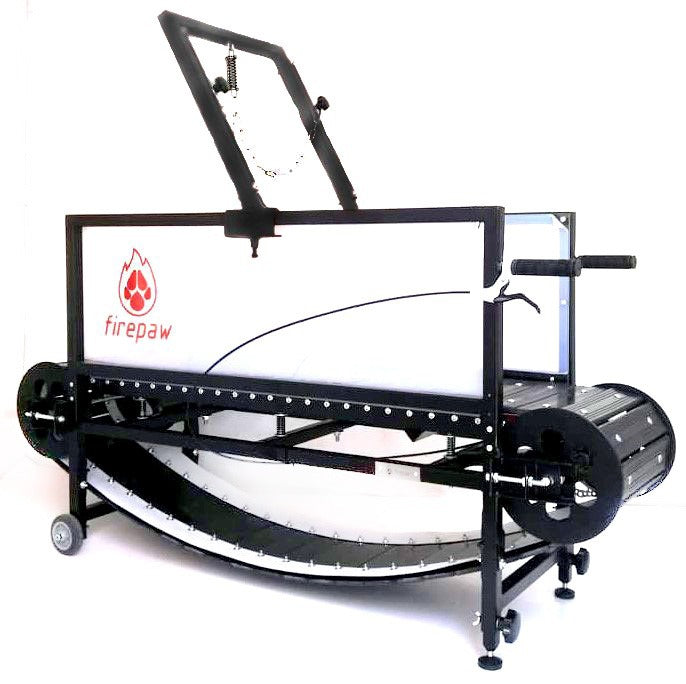 A professional FirePaw non-electric dog treadmill with a black metal frame and white side panels featuring the FirePaw logo, designed for high-intensity canine physical conditioning.