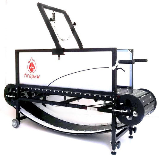 A professional FirePaw non-electric dog treadmill with a black metal frame and white side panels featuring the FirePaw logo, designed for high-intensity canine physical conditioning.