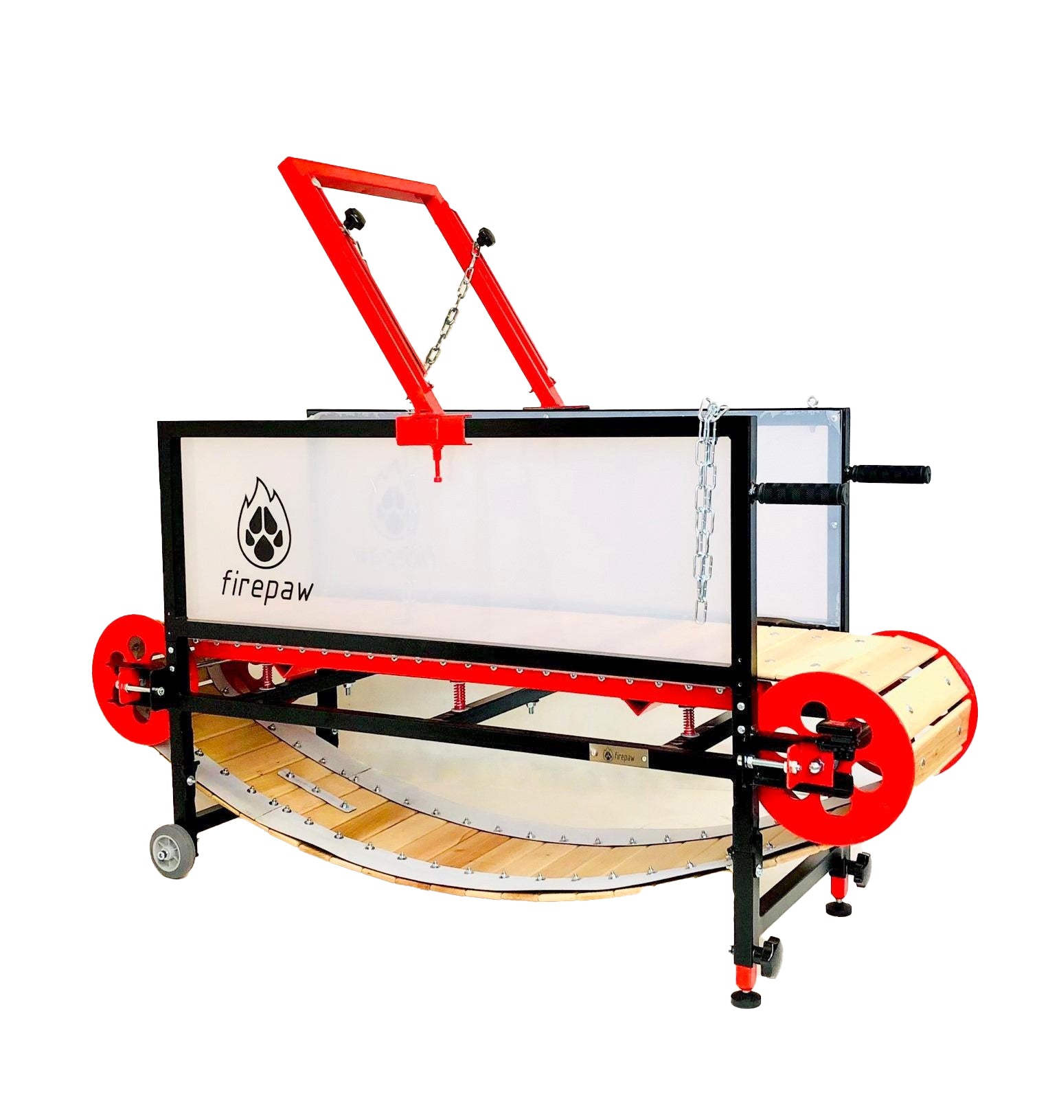A high-performance FirePaw professional dog treadmill featuring a black frame with vibrant red accents, natural wooden slats, and a secure top-bar for leash attachment.
