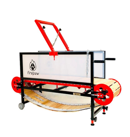 A high-performance FirePaw professional dog treadmill featuring a black frame with vibrant red accents, natural wooden slats, and a secure top-bar for leash attachment.