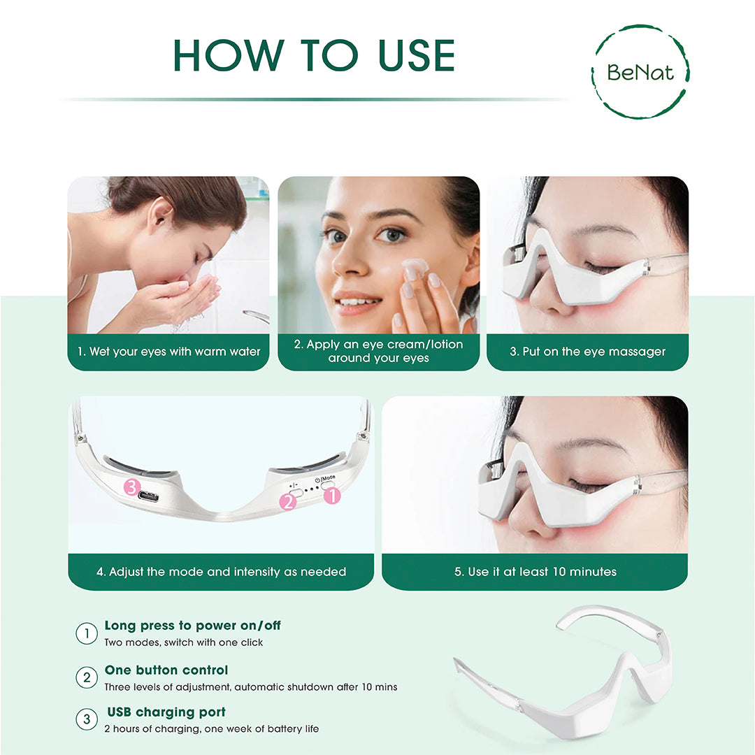 Instructions on how to use an eye massager.