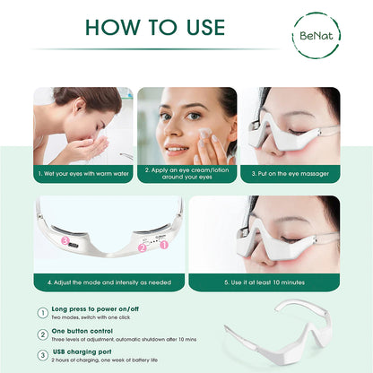 Instructions on how to use an eye massager.