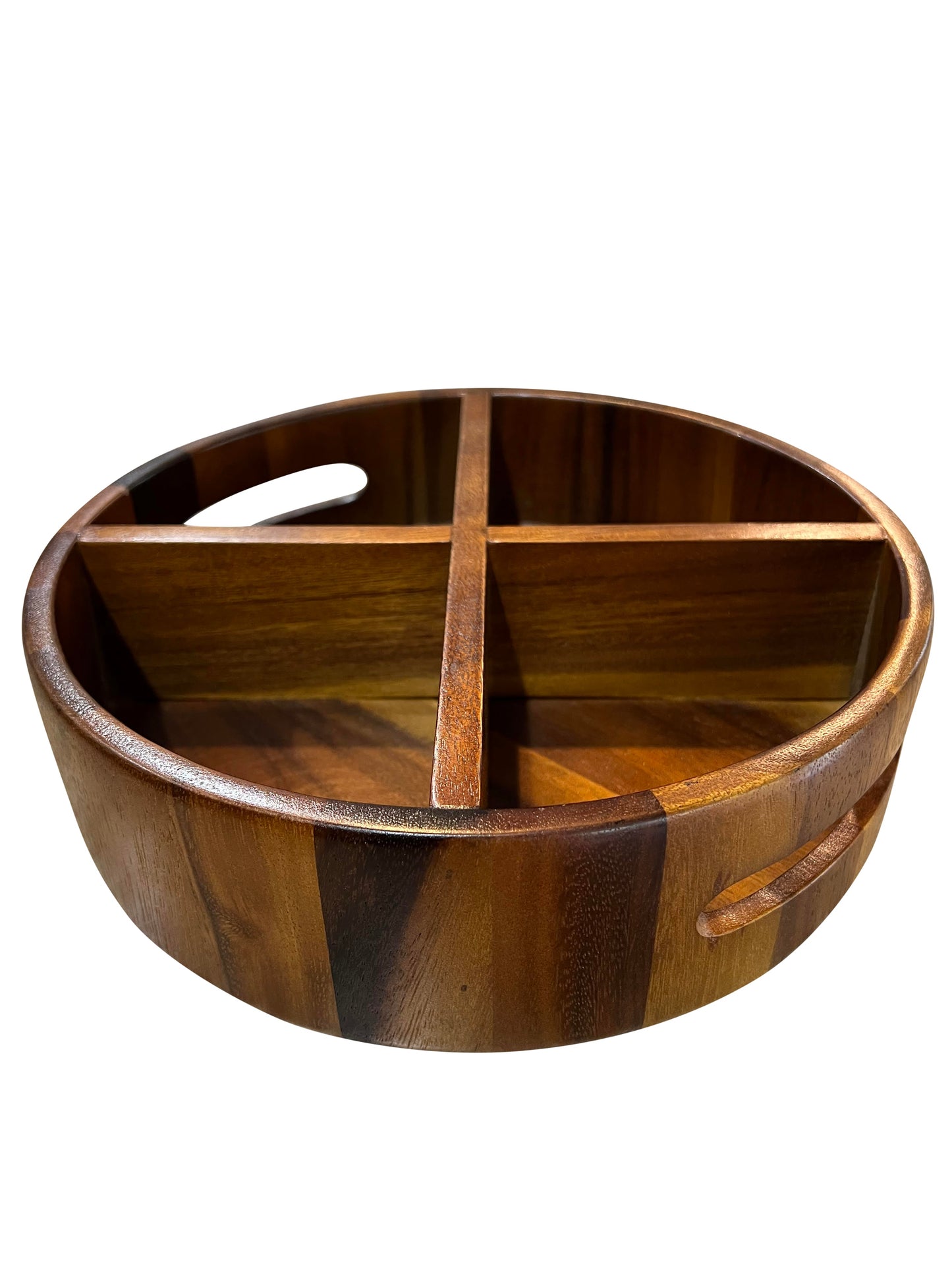 Empty acacia wood Lazy Susan showing four divided compartments