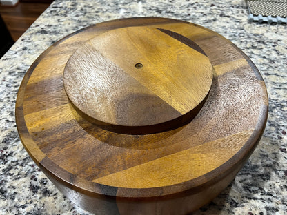 Underside of acacia Lazy Susan with smooth rotating base mechanism