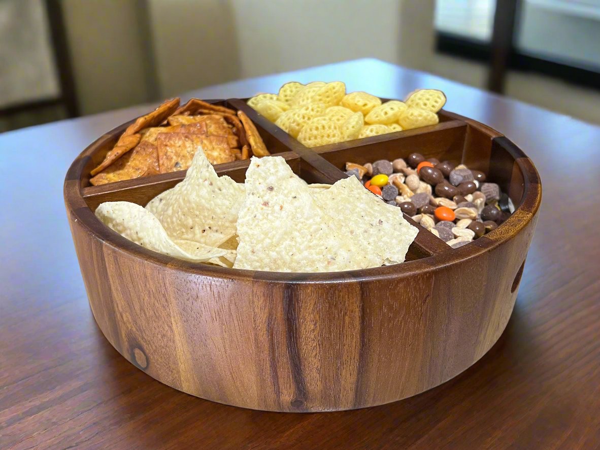 Wooden Lazy Susan serving snacks and appetizers for guests