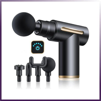 Black and gold massage gun with attachments on a white background