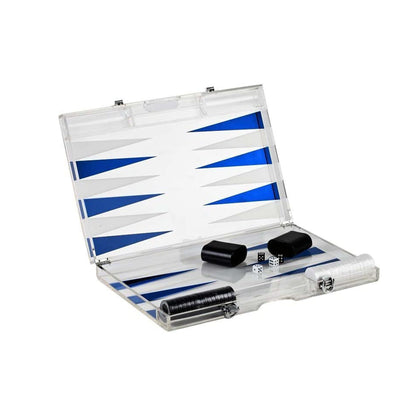 Premium lucite backgammon set open in blue and white acrylic, modern transparent board with dice and playing pieces on a clean white background